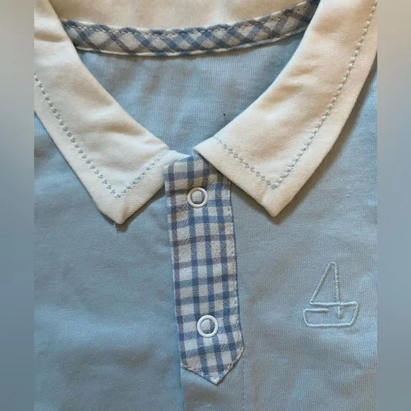 Romper Light Blue With White Collar Trimmed with Blue Plaid NWT Boutique 9 mths - Picture 2 of 5